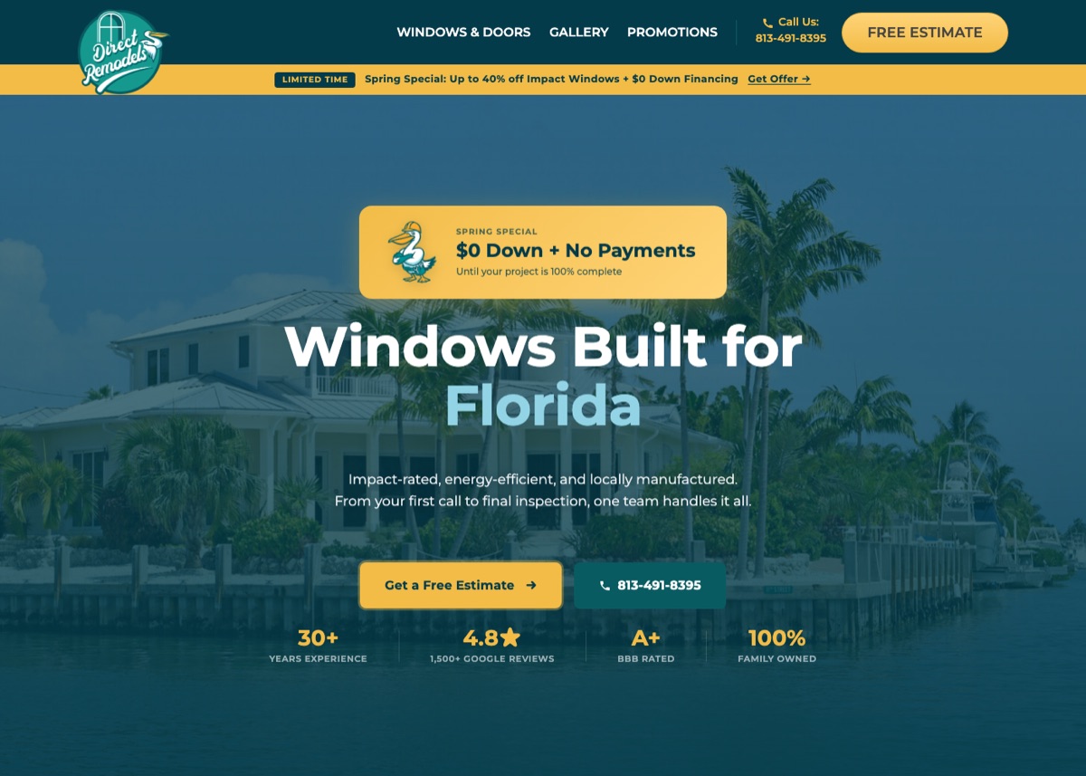 Direct Remodels homepage with Windows Built for Florida hero